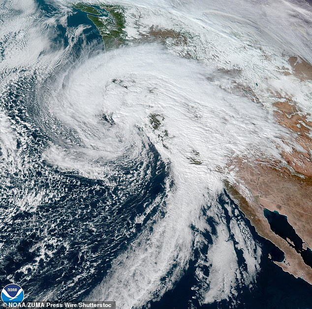 The California coast seen at 9:40 am.  The second of consecutive atmospheric rivers ravaged California on Sunday