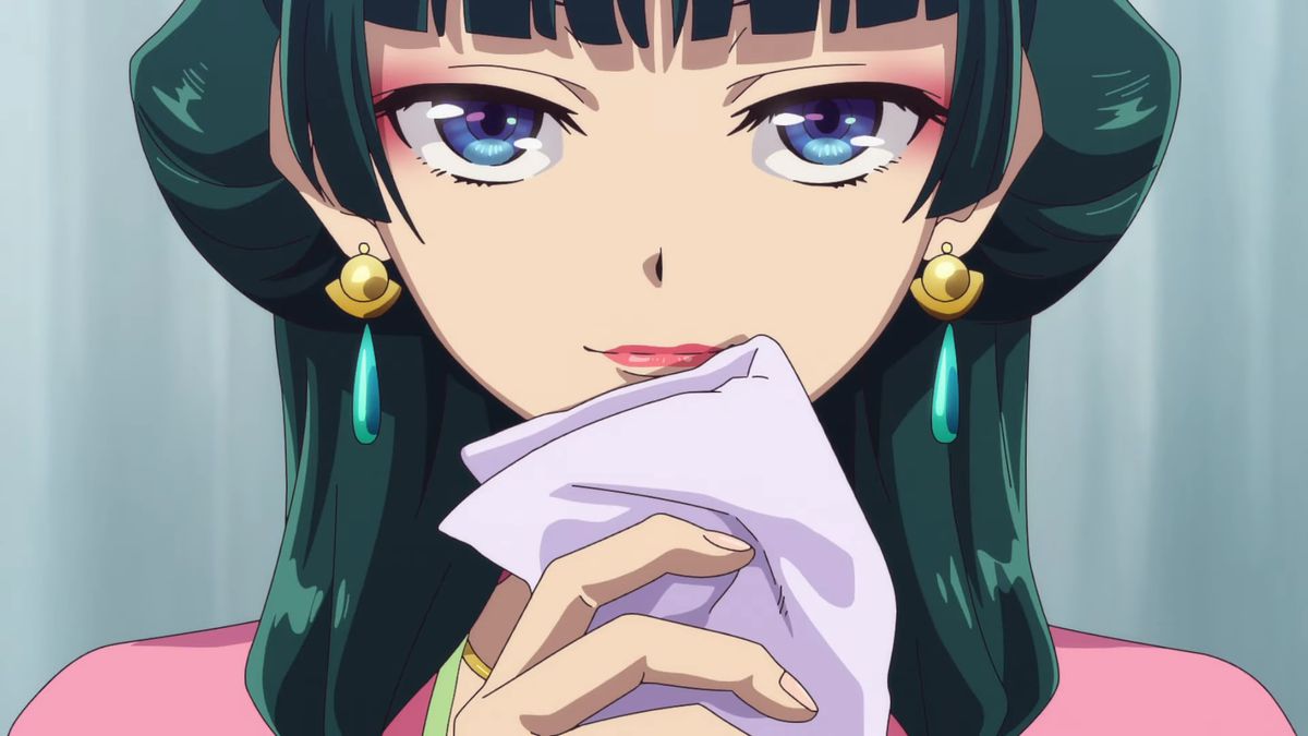 Close-up shot of a green-haired anime woman wearing earrings and grinning with a folded handkerchief to her lips.