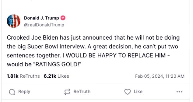 Former President Donald Trump responded to President Joe Biden's decision to skip the Super Bowl interview by saying it was a 