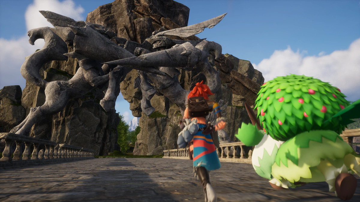 An image of a Palworld character running across a bridge next to a friend who looks like a large round goat covered in leaves.