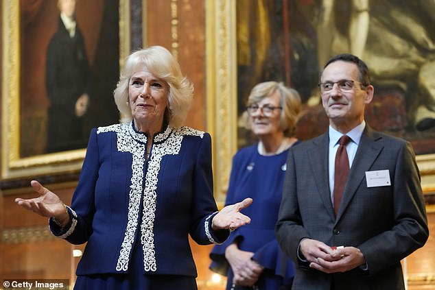 Queen Camilla addresses guests during a reception at Windsor Castle on January 30