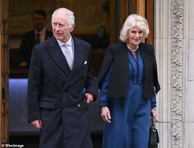 Queen Camilla next to King Charles as he leaves the London Clinic on January 29