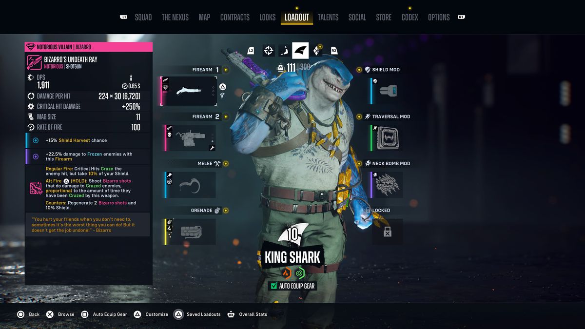 A screenshot from Suicide Squad: Kill the Justice League showing the loadout menu and King Shark's equipped weapon, Bizarro's Undeath Ray