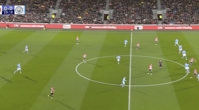 Toney (bottom right) came back from an offside position and stopped City defender Nathan Aké