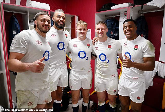 The flanker, pictured with his teammates, was surprised by his family on the day of the match