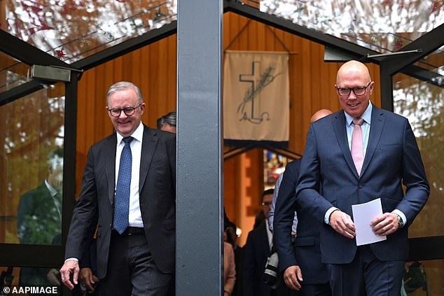 Prime Minister Anthony Albanese (left) and Opposition Leader Peter Dutton leave at the end of a parliamentary church service to mark the opening of the parliamentary year in Canberra