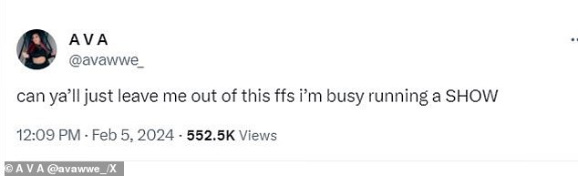 “Can you just leave me out of it ffs I'm busy running a SHOW,” Ava said in a tweet Monday afternoon