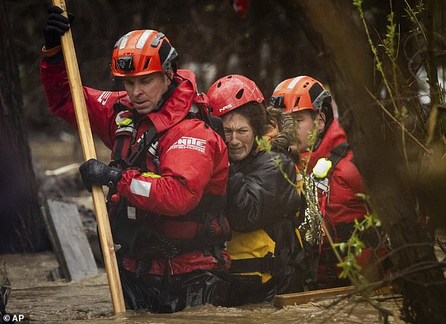 Evacuation orders were canceled for Santa Barbara County and downgraded for Ventura County.  Firefighters rescued a homeless woman from floodwaters in San Bernardino on Monday