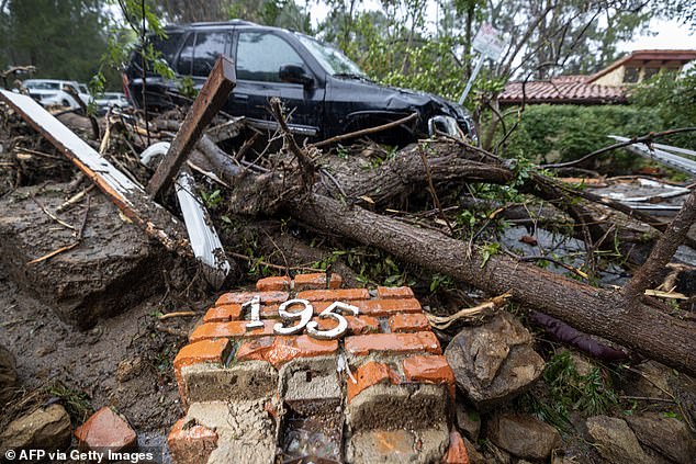 An atmospheric river brought gusty winds to the Bay Area and Central Coast on Sunday, with the strongest winds in the Coastal Mountains.  Debris pictured in Studio City