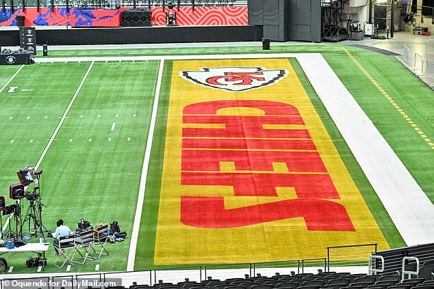 Both teams have their logos and team names in each of the end zones