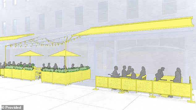 Under the new plan, patios can remain in place all year round, but must have a perimeter around seating, canopies, umbrellas, lighting and heating and cooling sources.  Pictured: A view of approved sidewalk structures