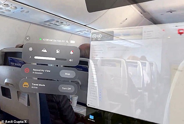 The VisionPro user showed a first-person account of the screen projected on the seat back in front of him