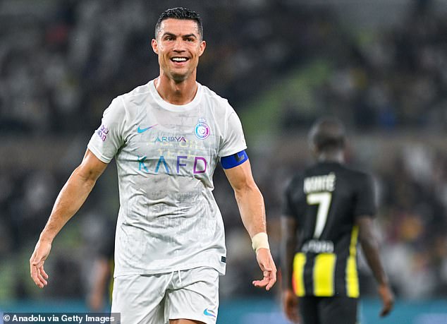 Ronaldo celebrates his goal for Al-Nassr against Al-Ittihad in the Saudi Pro League