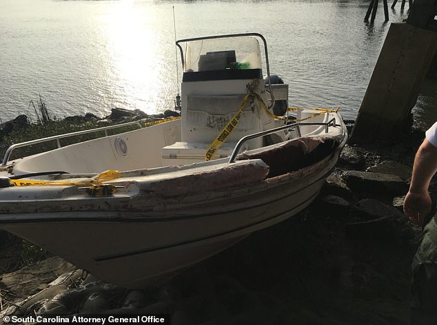 Paul was 'highly intoxicated', 'drunk' and 'belligerent' when he drove his boat (pictured) into a pile on February 23, 2019, legal documents were revealed.  The six youths on board that night, who were under the age of 21, were thrown from the ship - and all, except Beach, made it to shore.  Her body was not found for a week