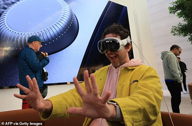 Reviewers have praised the Vision Pro for its immersive experience, and people who have tried the headsets at Apple Stores (pictured) have been amazed by the design.  But at $3,500, the fact that the headset is easily damaged is an expensive issue