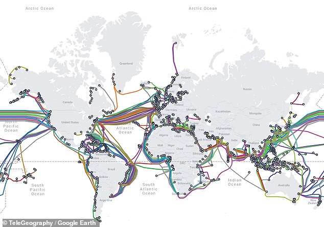 A map of underwater cables connecting the continents.  There are growing fears that Houthi militants could disrupt the Red Sea transit