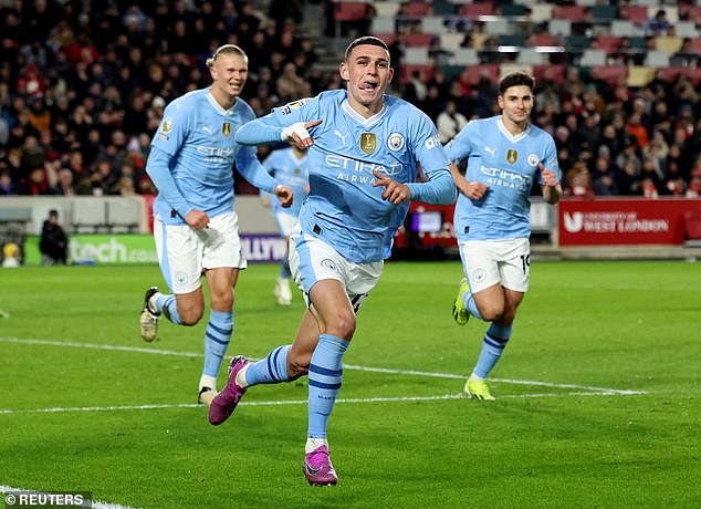 Erling Haaland (left), Phil Foden (centre) and Julian Alvarez (right) have also scored 42 goals between them for Man City in 2023/24