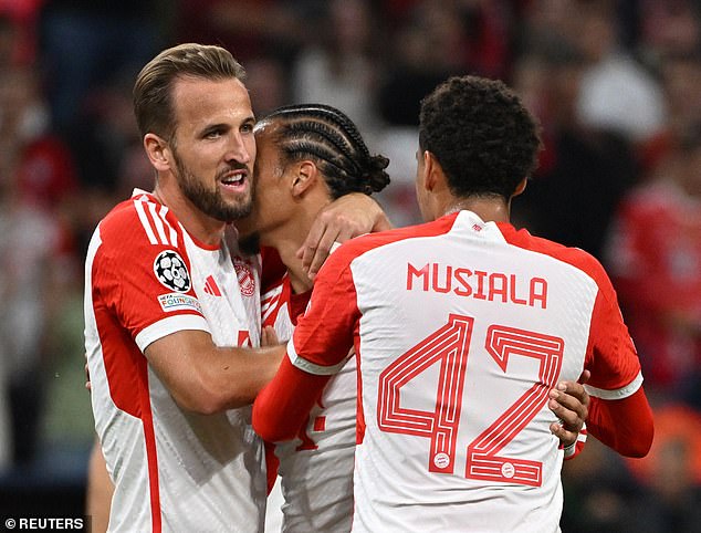 Harry Kane (left), Leroy Sane (center) and Jamal Musiala (right) are the joint best-scoring trio in all of Europe, alongside Atletico's Antoine Griezmann, Alvaro Morata and Memphis Depay with 44 goals