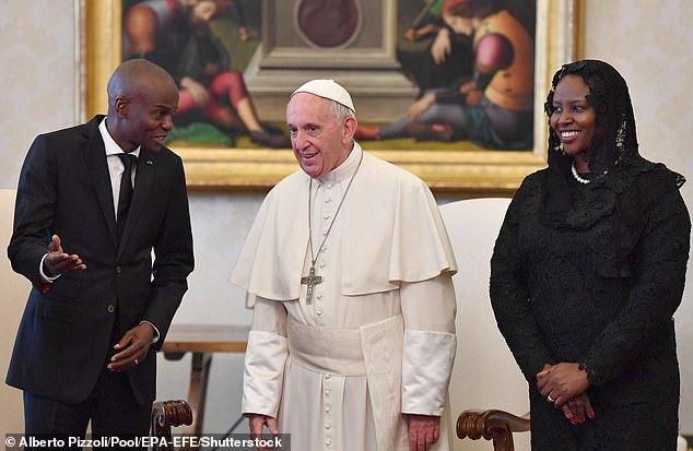 Martine (right) is said to have made plans to take over the presidency from her husband, although no evidence for this claim was presented in the filing.  She is pictured with her husband and Pope Francis in January 2018