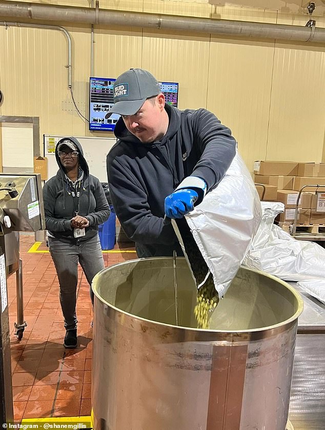 Gillis shared images of himself being put to work at the Anheuser-Busch Brewery in St. Louis, Missouri