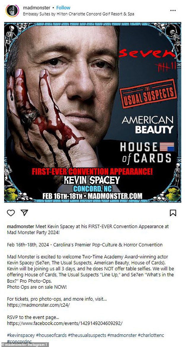 Spacey will attend the three-day Mad Monster Party 2024 – a convention dedicated to all things horror – this month in North Carolina