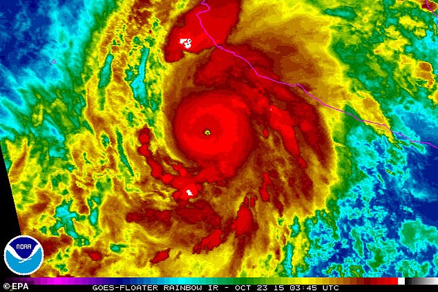 This diagram shows Hurricane Patricia as it approaches the coastline of Mexico.  At the center of the storm, shown in dark red, wind speeds were 200 mph (320 km/h), which would make this a category six hurricane