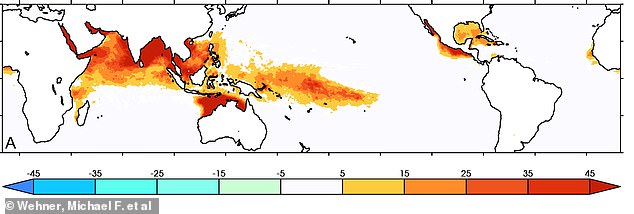 This chart shows how many days wind speeds were above 'category six' levels between 1979 and 2019. The darker red areas had more days of category six winds, such as Australia's northwest coast, which in some cases had as many as 45 days.  areas