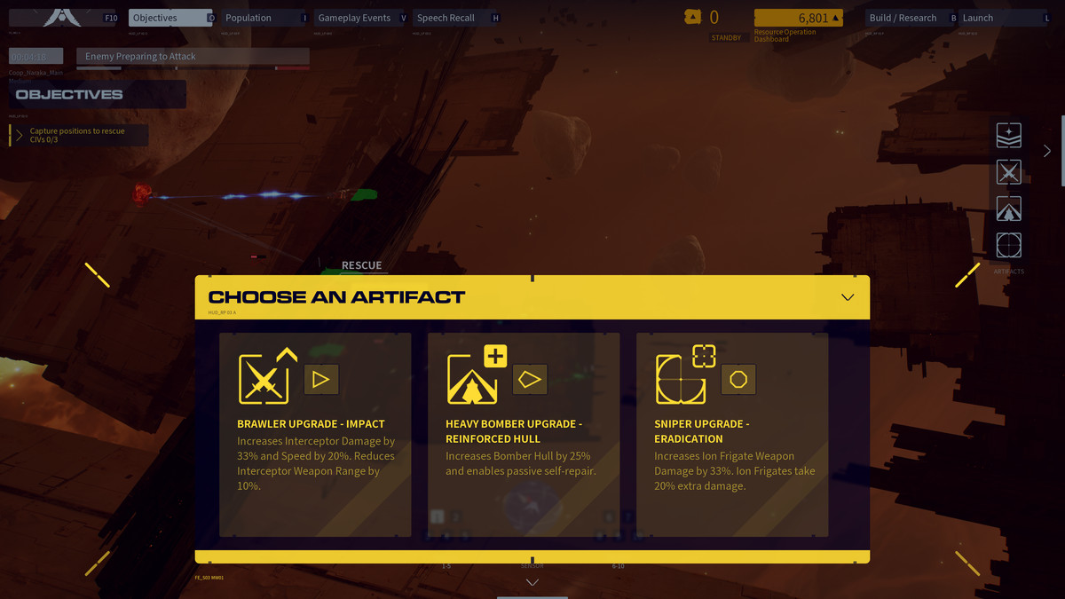 A screenshot of the Artifact Selection screen in Homeworld 3's War Games mode