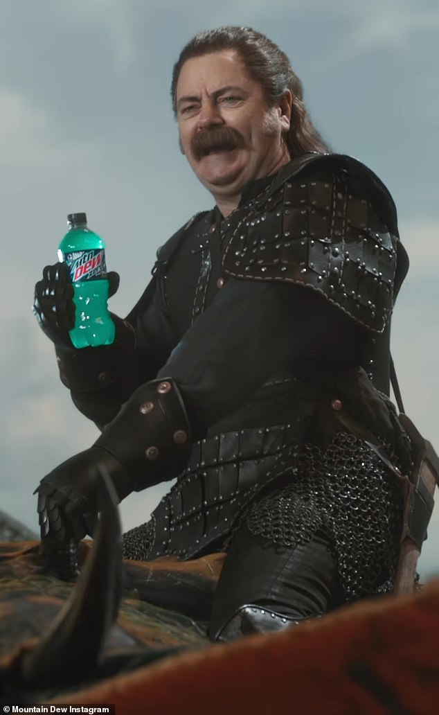 On site, the former co-stars ride fire-breathing dragons while drinking Mountain Dew's new flavor Baja Blast while playing their deadpan characters from the beloved former sitcom.