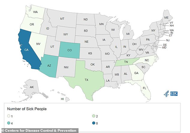 Americans from eleven states have fallen ill and two have died.  The deaths occurred in California and Texas