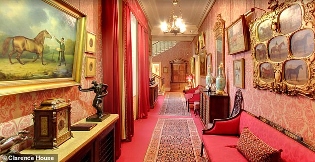 The extensive corridors of Clarence House are lined with plush red carpets, chairs, artwork and patterned rugs