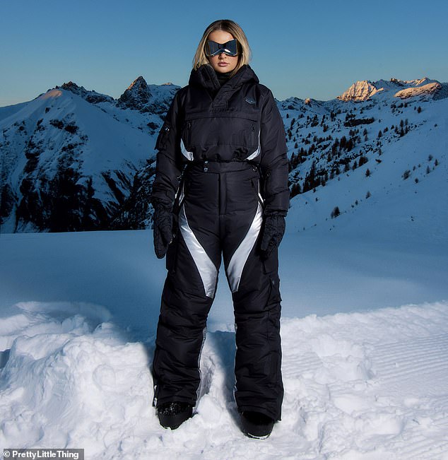 Changing into a more padded ensemble, Molly-Mae rocked a black cropped coat with a pair of matching salopettes and a pair of statement quirky sunglasses