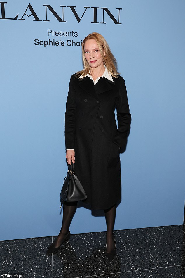 On Tuesday night, Thurman looked chic in a black jacket over a white button-up blouse