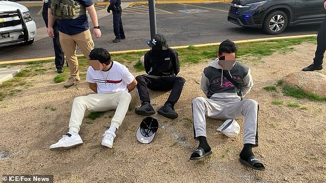 Three of the four migrants believed to have been involved in an attack on the NYPD in Times Square on January 27 are pictured at a Greyhound bus station in Phoenix on Monday and were arrested