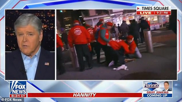 Hannity asked to point the camera at the action, and he panned to see the Guardian Angels push a man to the ground and then tackle him