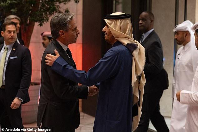 US Secretary of State Antony Blinken (L) meets with Sheikh Mohammed bin Abdulrahman bin Jassim Al Thani, Prime Minister and Minister of Foreign Affairs of Qatar, in Doha, Qatar on Wednesday