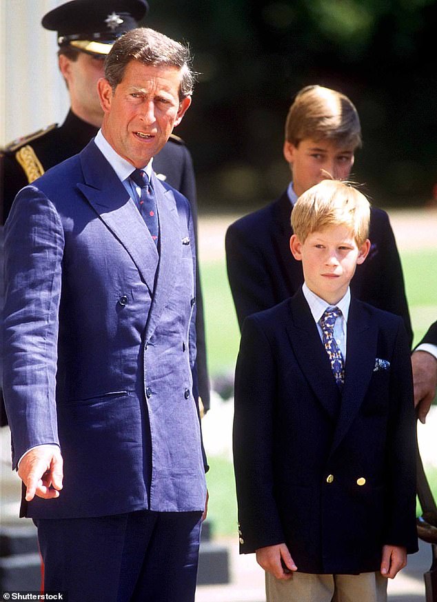 King Charles is seen with his youngest son Prince Harry in 1995, when the Duke of Sussex was still a child