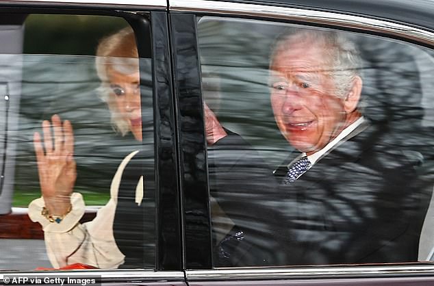 King Charles is seen with his wife Queen Camilla as they leave by car from Clarence House in London yesterday