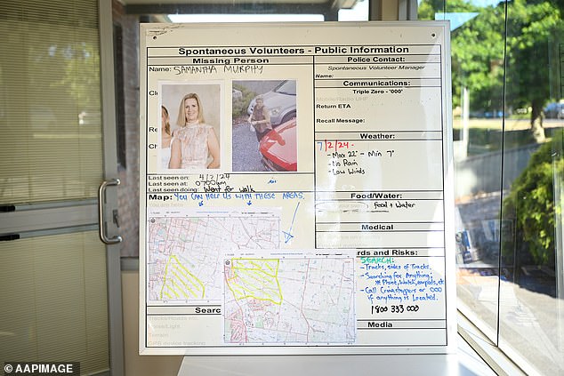 A volunteer signboard showing the search areas for Ms Murphy was displayed at Buningyong police station on Wednesday.