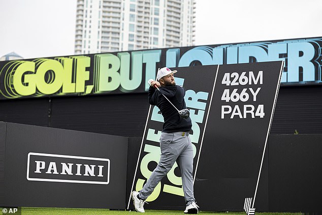 The hotels of The Strip towered over the course, as Jon Rahm practiced on Tuesday