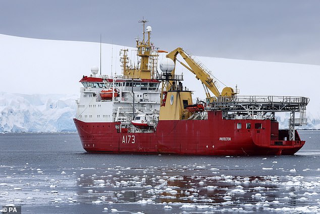 HMS Protector (pictured) is the Royal Navy's polar research ship and is currently deployed to the Antarctic region to promote British interests and enforce the Antarctic Treaty