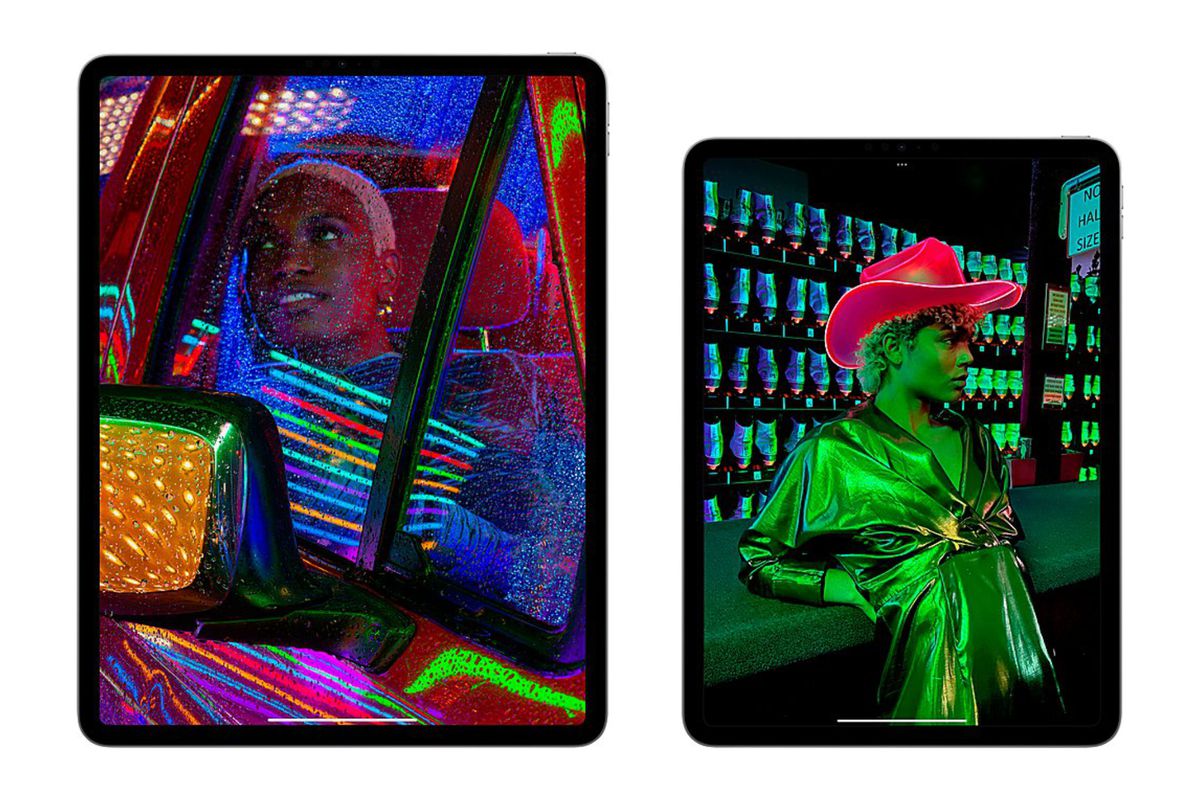 An image of an Apple iPad Pro tablet next to another iPad, each with colorful, stylized images of people.