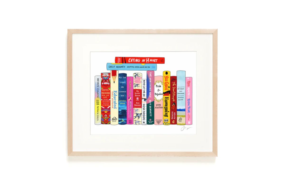 An image of an Ideal Bookshelf creation consisting of a framed image of a bookshelf arrangement with titles.