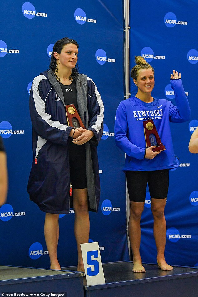 Former University of Pennsylvania swimmer Lia Thomas and Kentucky's Riley Gaines after finishing tied for fifth in the 200 freestyle final