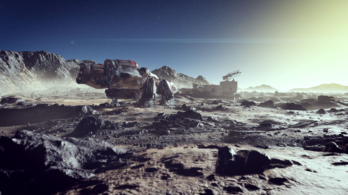 A large spacecraft marked 'NG1350' and a base behind it sits on the rocky surface of a planet in Starfield