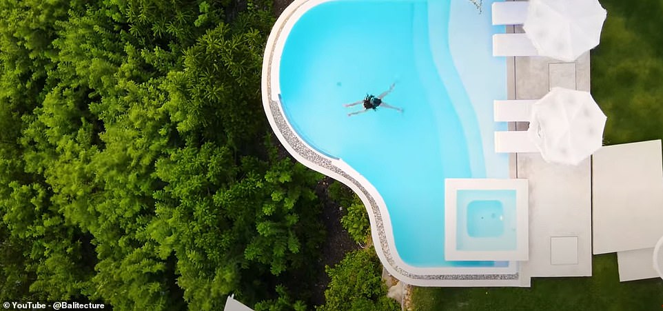 Other perks of the villa, as captured in drone footage, include a fire pit and an infinity pool