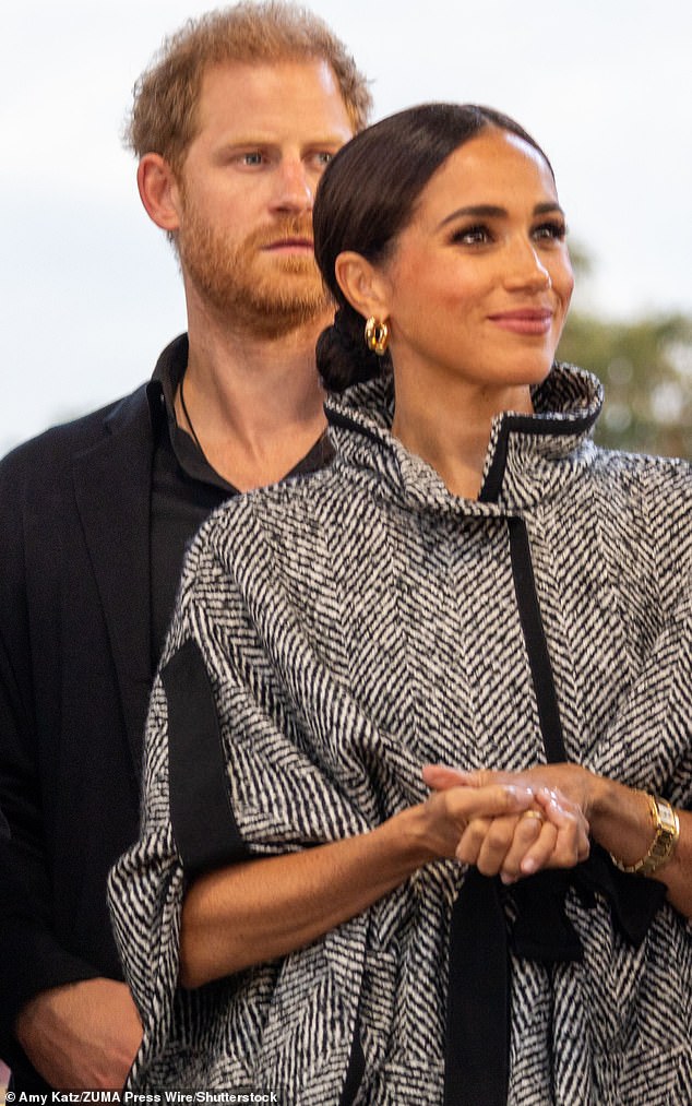 Mr Bower said that 'the monarchy actually depends on actually eradicating the Sussexes from our state of life because their continuation is bad for us' (Photo: Meghan Markle and Harry at the 2023 One805 Live concert in Santa Barbara)