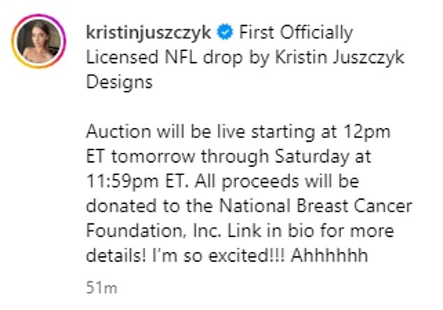 She announced that her first official NFL drop will be auctioned off with the proceeds going to charity