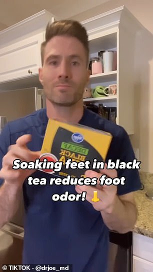 In another video, Dr. Whittington says that soaking feet in black tea can reduce odor