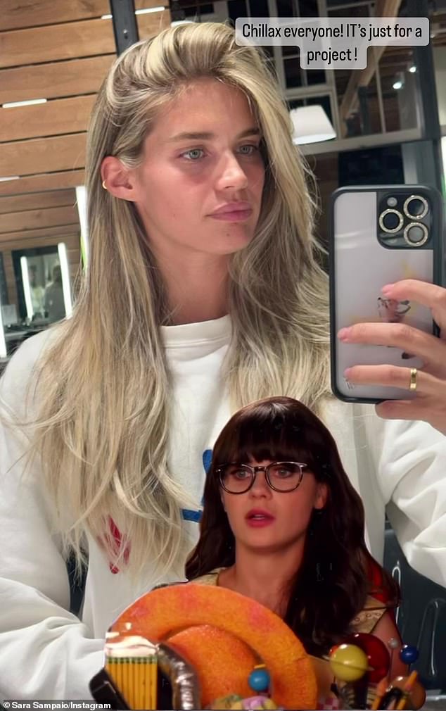 Sara addressed critics of her blonde locks with an image of Zooey Deschanel from New Girl.  'It's possible I'm still in shock.  I go to my room and process what just happened.  Thank you for your attention,” Deschanel said in the clip